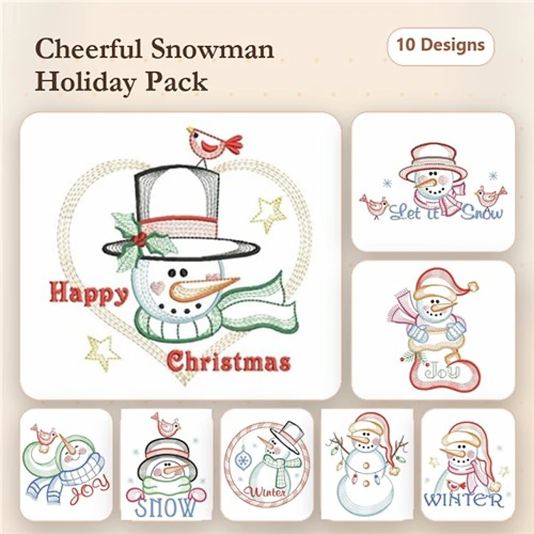 Redwork Cheerful Snowman Embroidery Designs Bundle – Happy Snowman, Joyful Snowman, Santa Snowman & More (10 Designs)