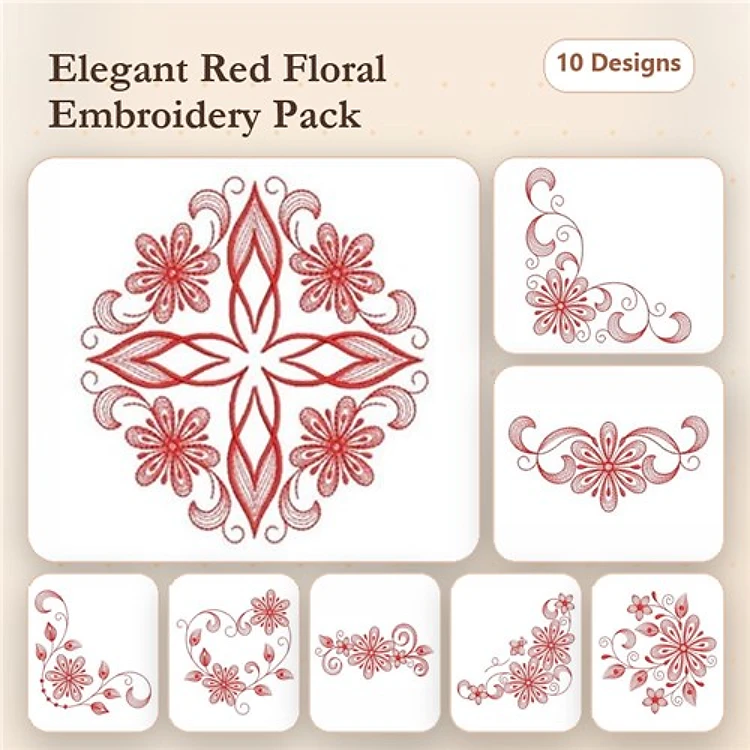 Redwork Elegant Floral Embroidery Designs Bundle – Floral Cross, Large Motif, Curved Embellishment & More (10 Designs)