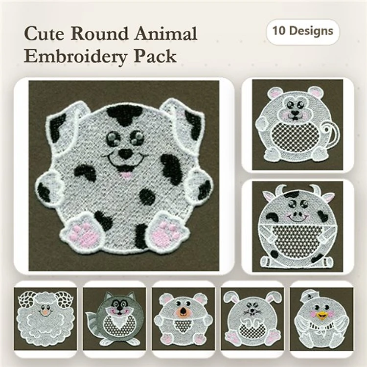Cute Round Animal Embroidery Bundle – Adorable Faces (10 Designs)