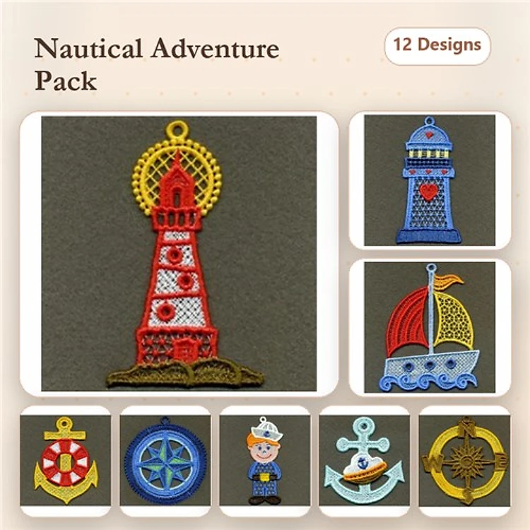 FSL Nautical Embellishments Embroidery Designs Bundle – Lighthouse, Sailboat, Anchor & More (12 Designs)