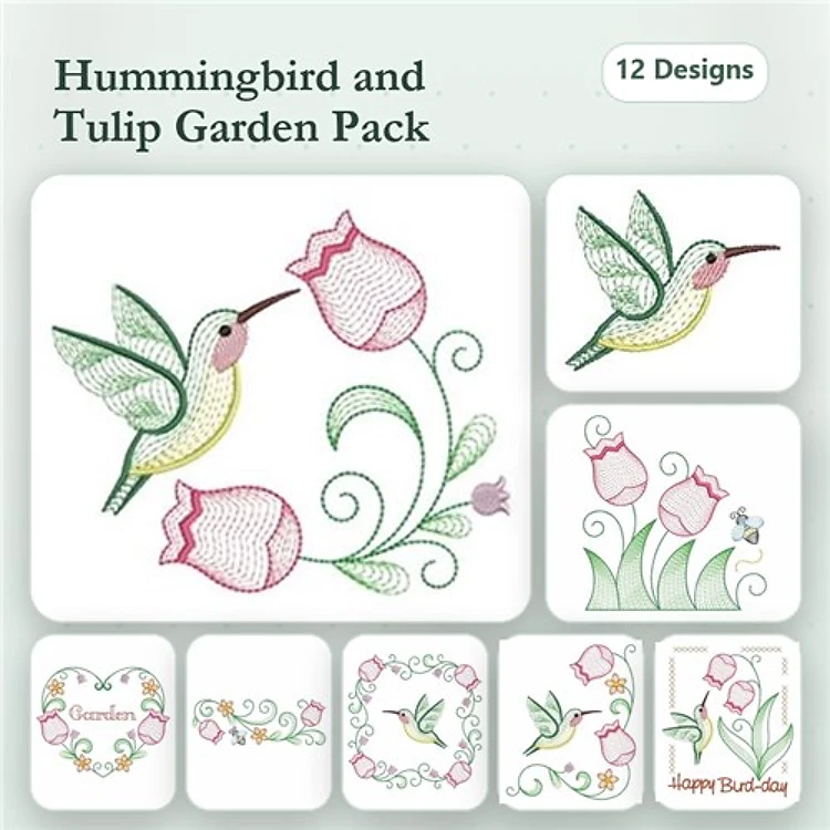 Rippled Hummingbirds & Tulips Embroidery Bundle – Hummingbird with Tulip, Pink Tulip Bouquet, & More (12 Designs)