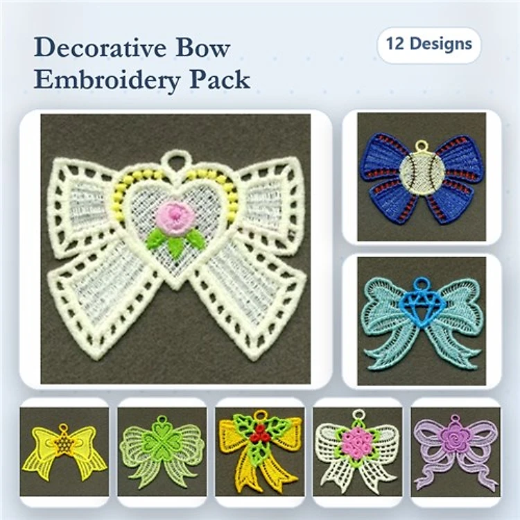 FSL Decorative Bows Embroidery Bundle – Heart Bow, Baseball Bow, Diamond Bow & More (12 Designs)