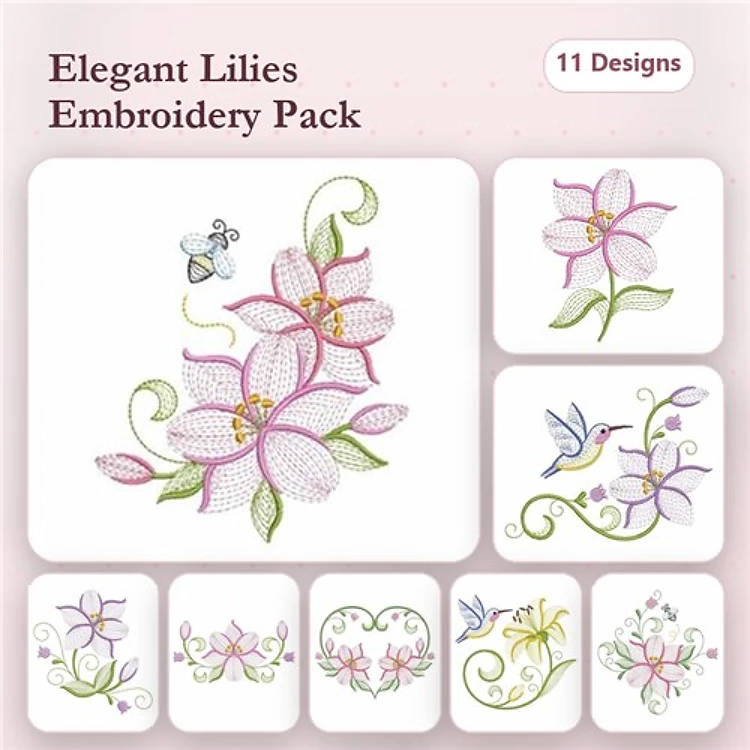 Rippled Lily & Hummingbird Embroidery Designs Bundle – Pink Lily with Bee, Hummingbird with Flowers & More (11 Designs)