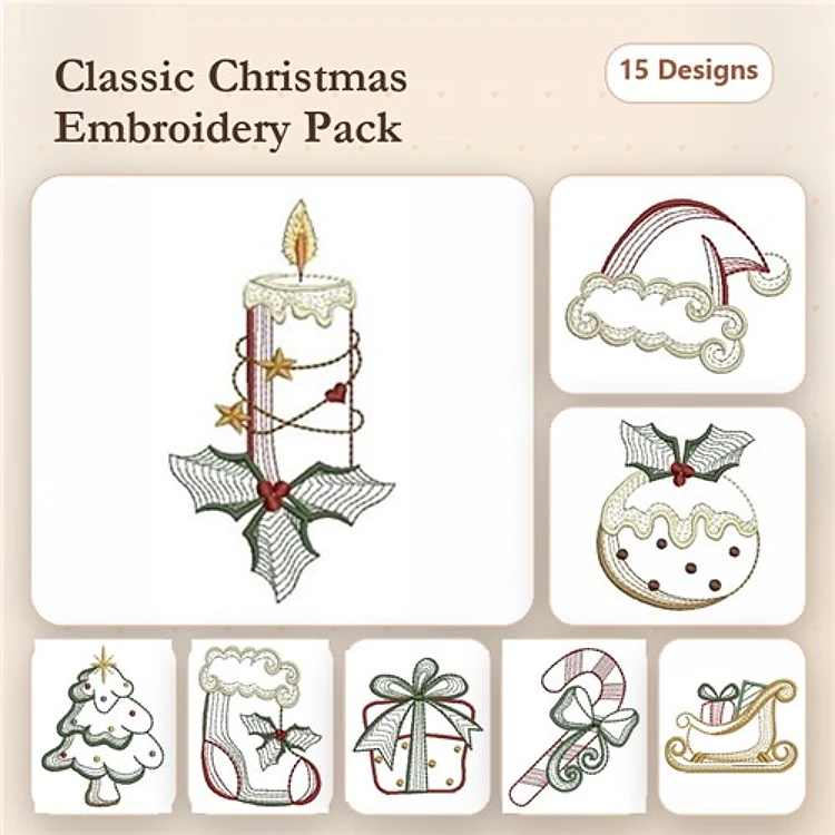 Classic Christmas Embroidery Designs Bundle – Christmas Candle, Santa Hat, Ornament & More (15 Designs)