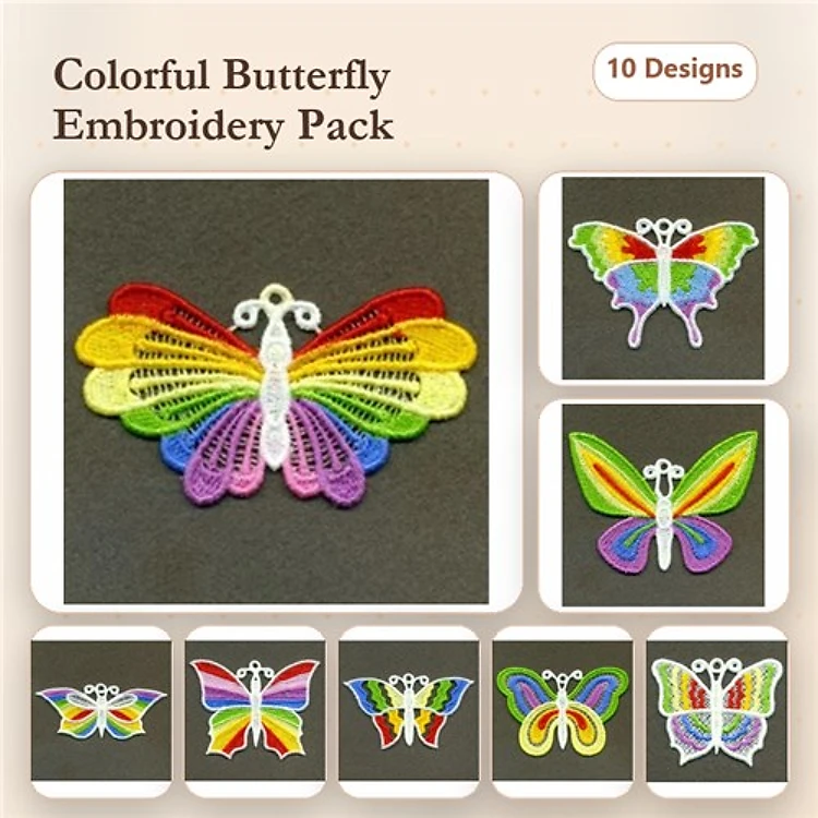 FSL Colorful Butterflies Embroidery Bundle – Rainbow Butterfly, Lace Butterfly with Multi-Colored Wings & More (10 Designs)