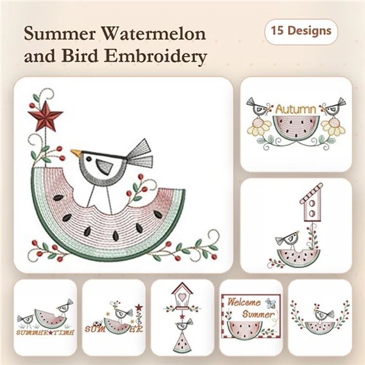 Rippled Summer Watermelon & Bird Embroidery Bundle – Bird on Watermelon, Welcome Summer, Birdhouse with Bird & More (15 Designs)
