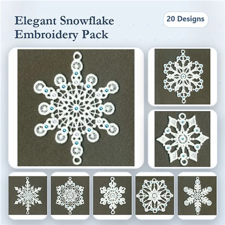 FSL Elegant Snowflakes Embroidery Designs Bundle – Snowflake Ornament, Lace Snowflake with Beads, & More (20 Designs)