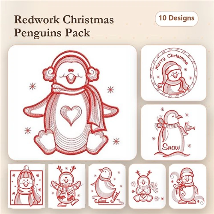 Redwork Christmas Penguins Embroidery Designs Bundle – Penguin with Heart, Santa Penguin, Happy Holidays Penguin & More (10 Designs)