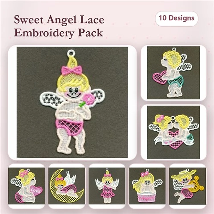 FSL Angel Embroidery Designs Bundle – Angel with Heart, Angel with Lollipop, & More (10 Designs)