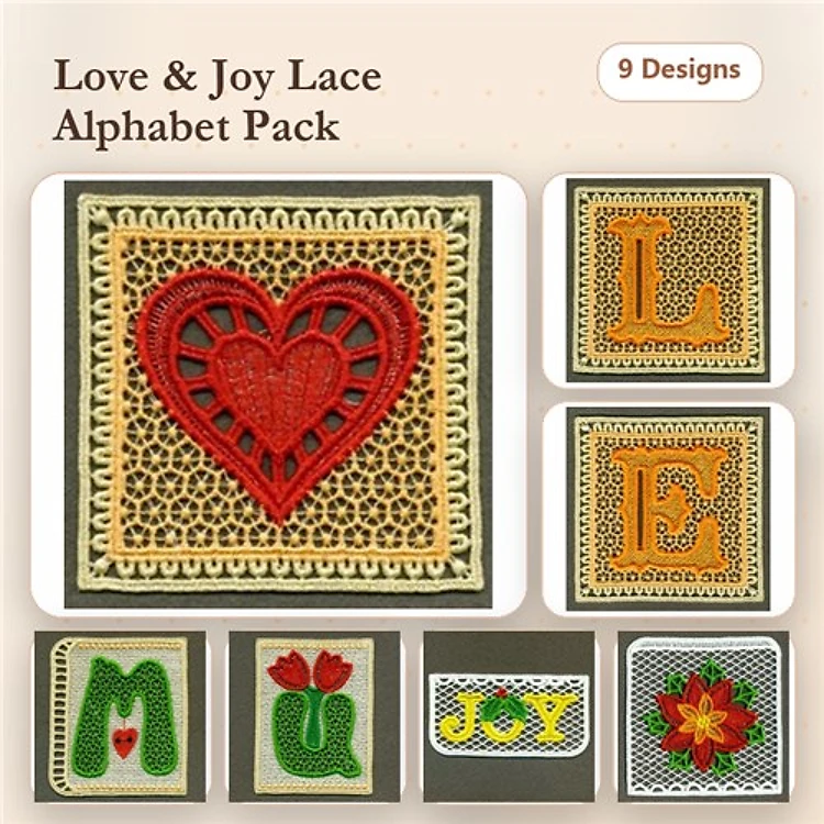 FSL Lace Alphabet with Floral Elements Embroidery Designs Bundle – Lace Heart, Letter L, Letter E & More (9 Designs)