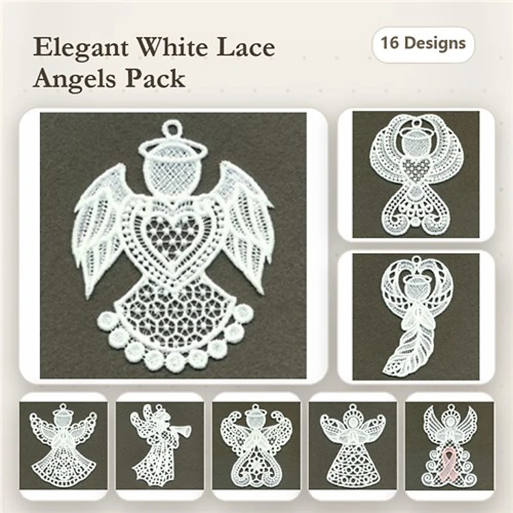 FSL Elegant Lace Angels Embroidery Bundle – Angel with Heart, Angel with Wings, Two-part Angel & More (16 Designs)