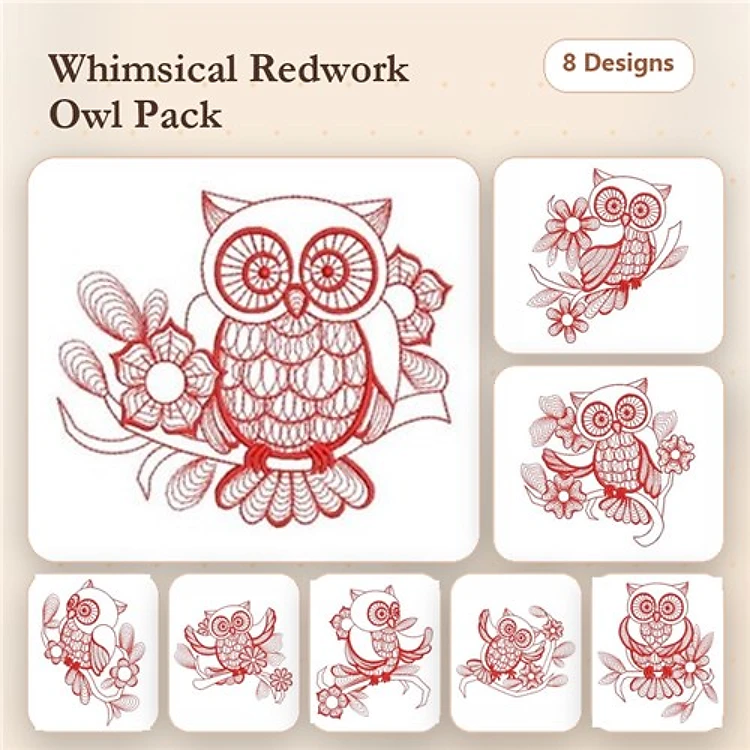 Redwork Owl Embroidery Bundle – Owl with Flowers, Owl Sitting on a Branch, Owl and Blossom & More (8 Designs)