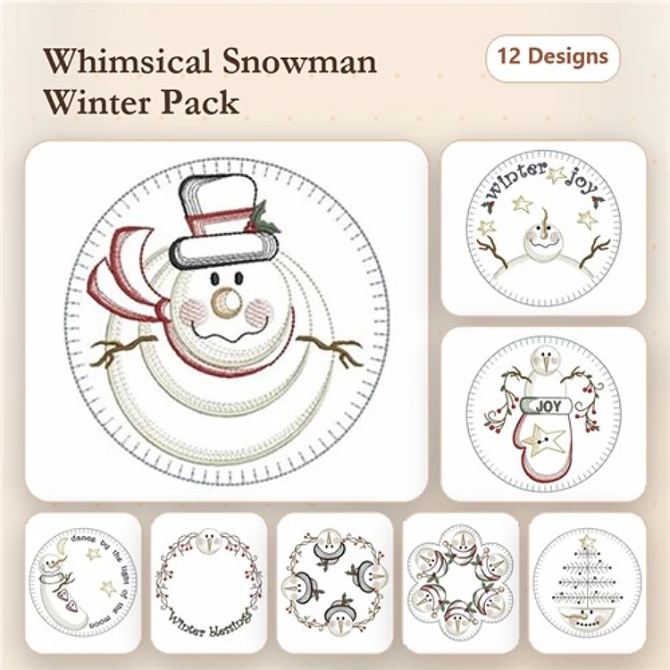 Snowman Embroidery Bundle – Joyful Winter Decor, Snowman with Scarf, Snowman Face & More (12 Designs)