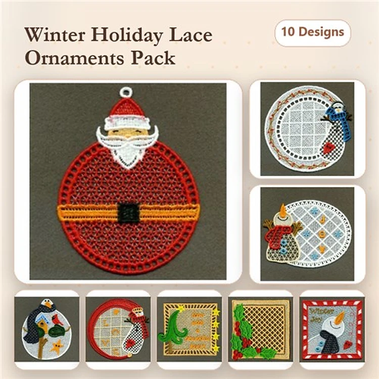 FSL Winter Holiday Ornament Embroidery Bundle – Santa, Snowman, Christmas Tree & More (10 Designs)