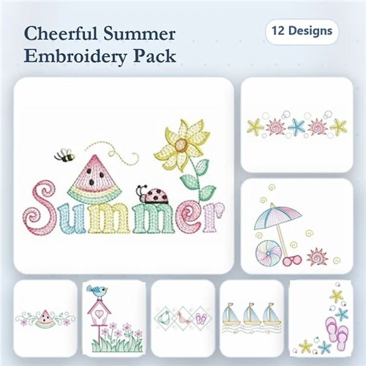Cheerful Summer Embroidery Designs Bundle – Watermelon, Sunflower, Umbrella & More (12 Designs)