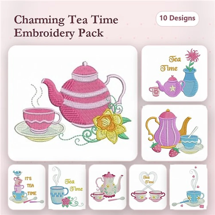 Tea Time Embroidery Designs Bundle – Teapot with Cup, Flower Teapot, Pink Teapot & More (10 Designs)