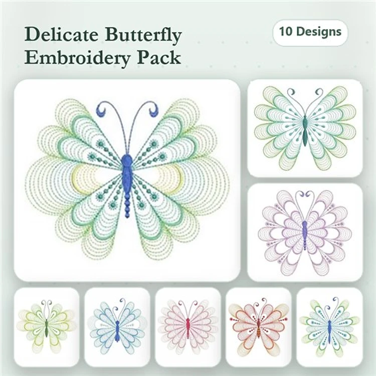 Rippled Butterflies Embroidery Designs Bundle – Delicate Butterfly with Blue, Green, Pink & More (10 Designs)