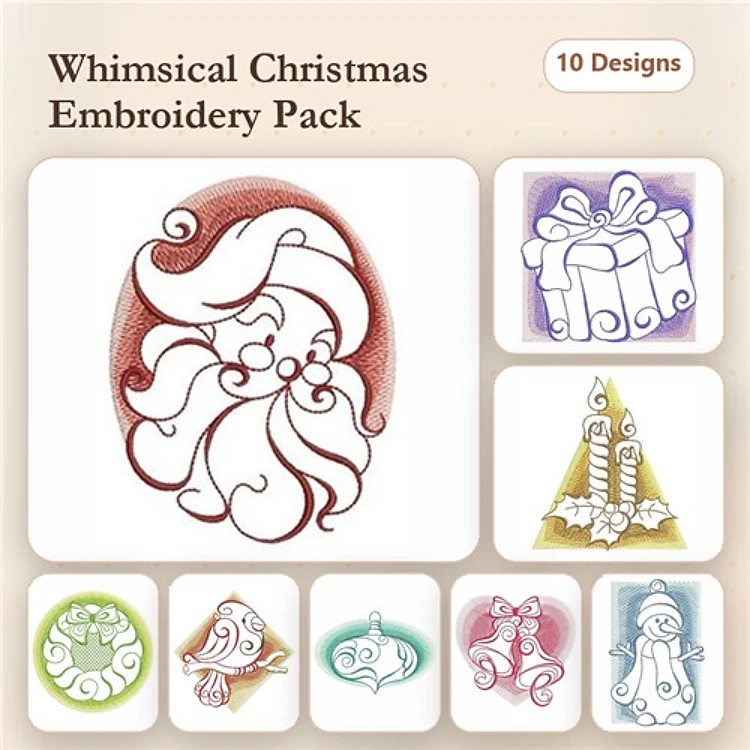 Redwork Whimsical Christmas Embroidery Bundle – Santa Claus, Gifts, Christmas Tree & More (10 Designs)