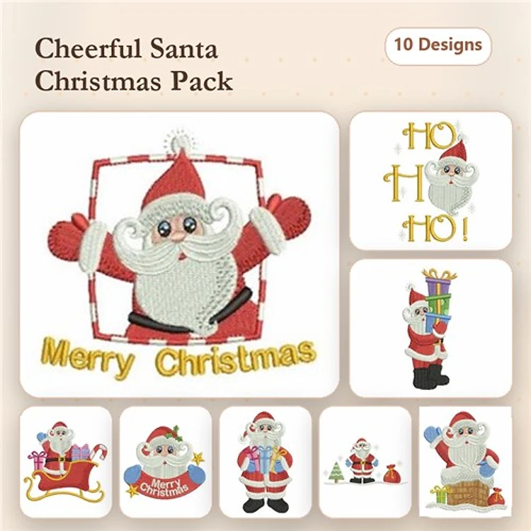 Cheerful Santa Embroidery Designs Bundle – Santa with Gift, Merry Christmas, Ho Ho Ho & More (10 Designs)