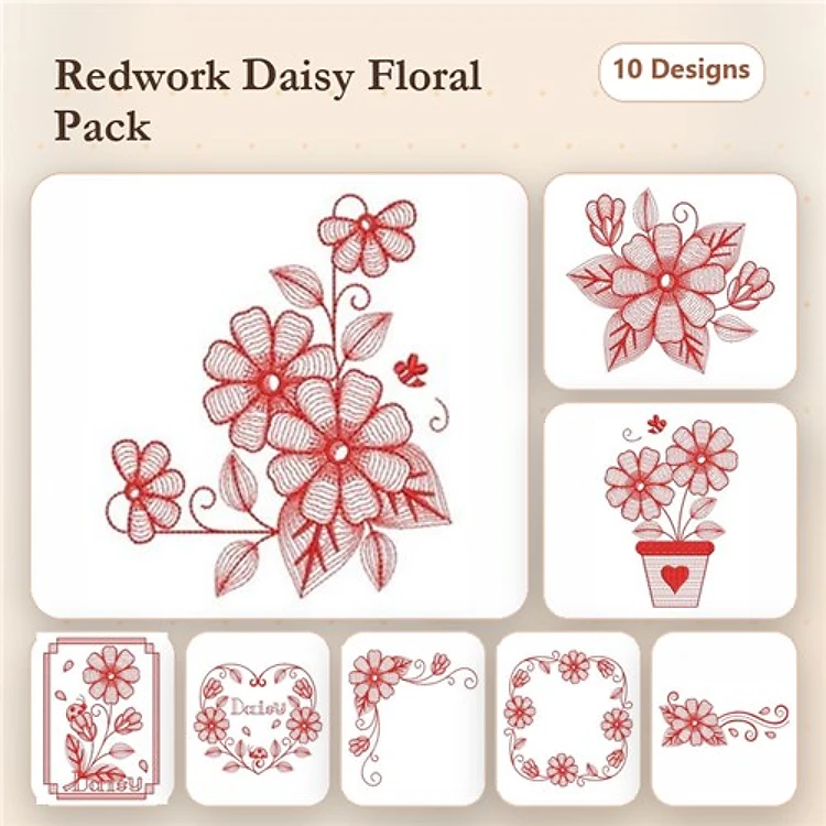 Redwork Daisy Flower Embroidery Bundle – Daisy Bouquet, Heart with Daisies, Floral Star & More (10 Designs)