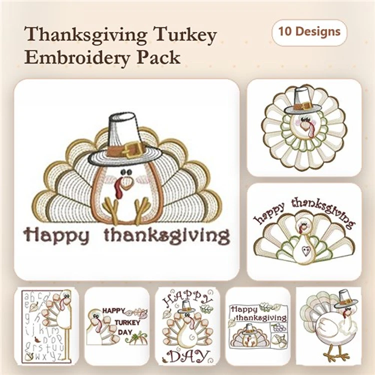 Thanksgiving Turkey Embroidery Bundle – Thanksgiving Turkey with Hat, Happy Thanksgiving Turkey, Waving Turkey & More (10 Designs)