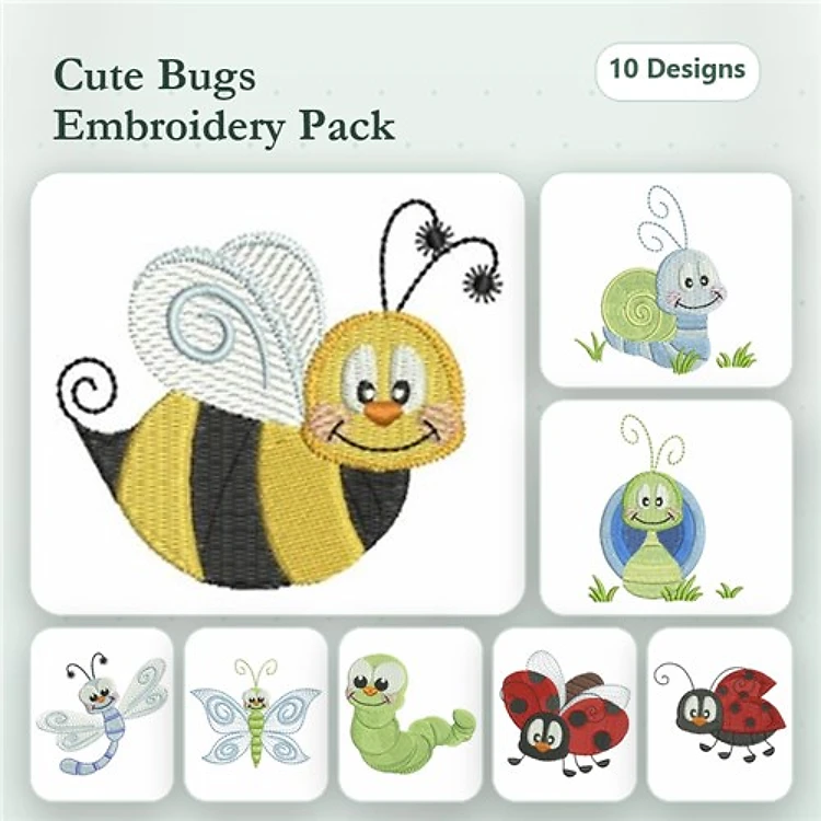Cute Bugs Embroidery Designs Bundle – Bee, Ladybug, Caterpillar & More (10 Designs)
