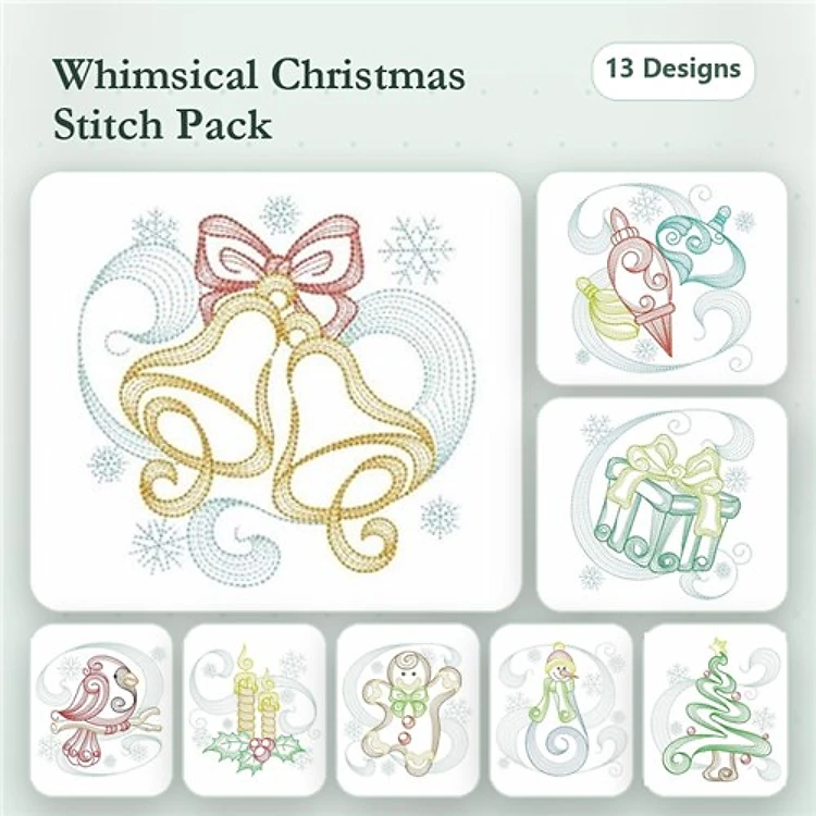 Rippled Whimsical Christmas Embroidery Designs Bundle – Christmas Bells, Gingerbread Man, Tree & More (13 Designs)