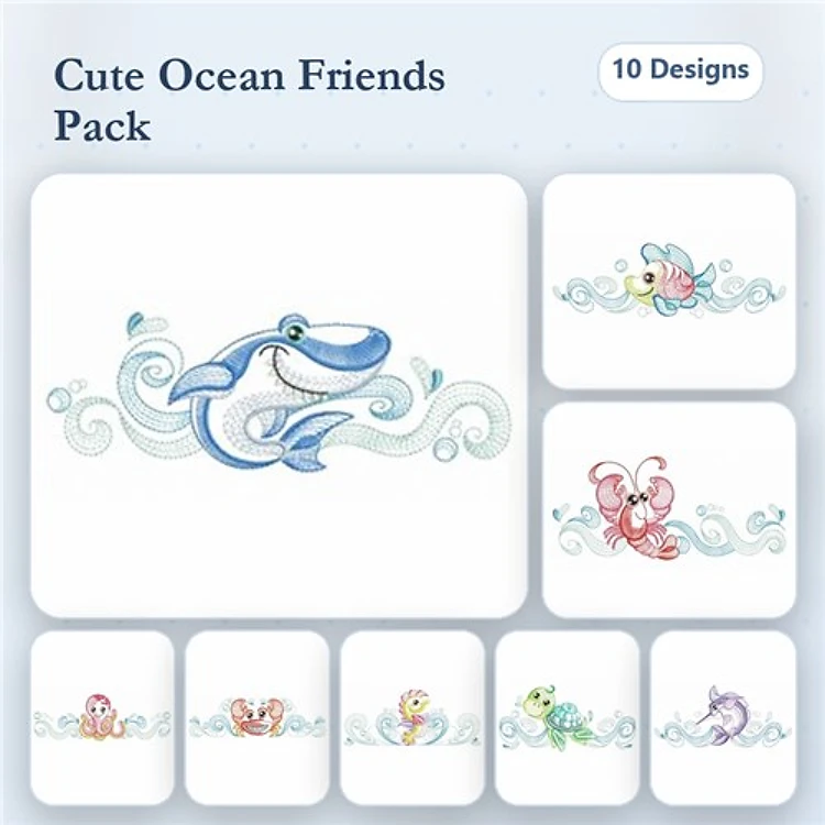 Rippled Ocean-Themed Animals Embroidery Bundle – Whale, Fish, Crab & More (10 Designs)