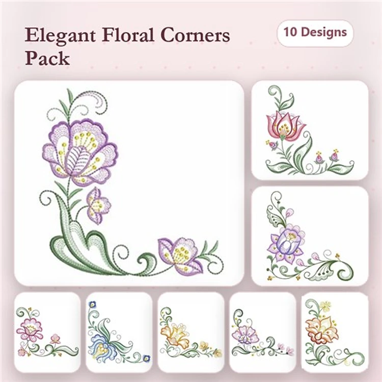 Elegant Floral Embellishments Embroidery Designs Bundle – Purple Flowers, Pink Tulip, Decorative Vines & More (10 Designs)