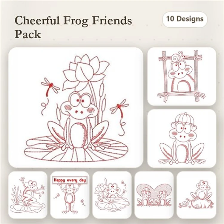 Redwork Frog Embroidery Designs Bundle – Frog on Lily Pad, Frog with Water Lily, Frog Wearing Hat & More (10 Designs)