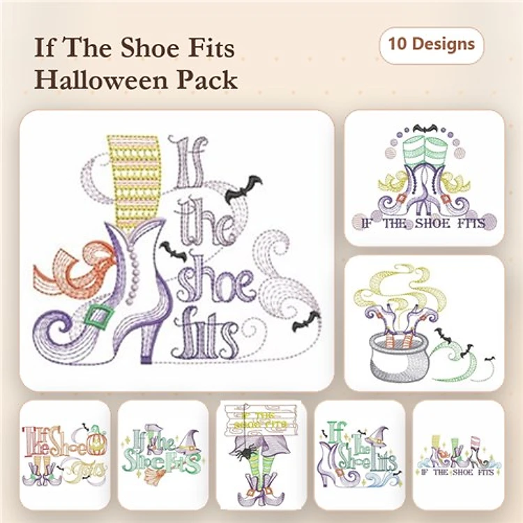 Halloween Shoe Embroidery Designs Bundle – If The Shoe Fits, Witch Hat with Shoe, Pumpkin with Shoe & More (10 Designs)