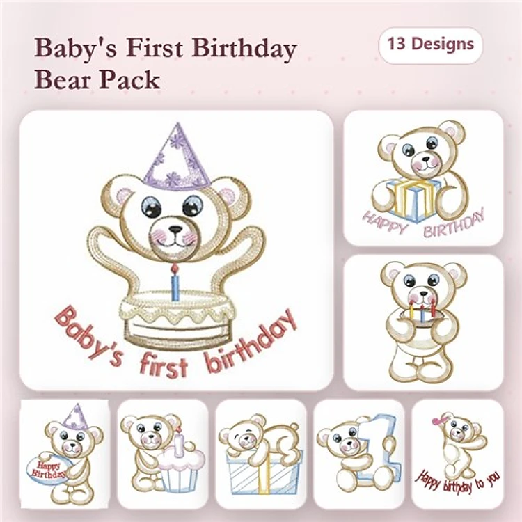 Birthday Bear Embroidery Bundle – Bear with Cake, Bear with Gift, Happy Birthday Bear & More (13 Designs)