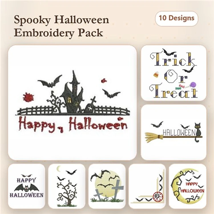 Halloween Embroidery Designs Bundle – Haunted House, Broomstick with Cat, Pumpkin with Fence & More (10 Designs)
