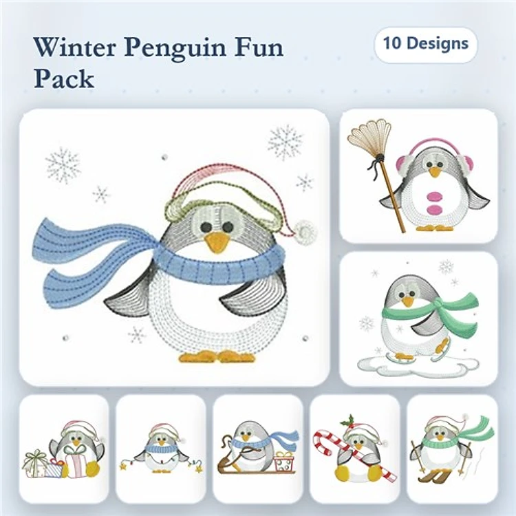 Winter Penguin Embroidery Designs Bundle – Penguin with Scarf, Penguin with Hat and Mittens, & More (10 Designs)