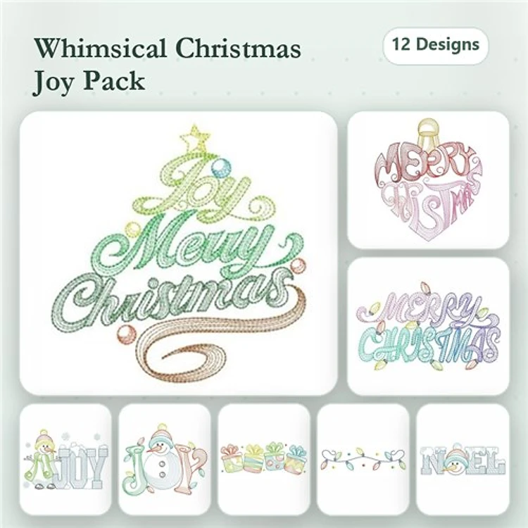 Rippled Whimsical Christmas Embroidery Designs Bundle – Joy Christmas, Merry Christmas, Ornament & More (12 Designs)