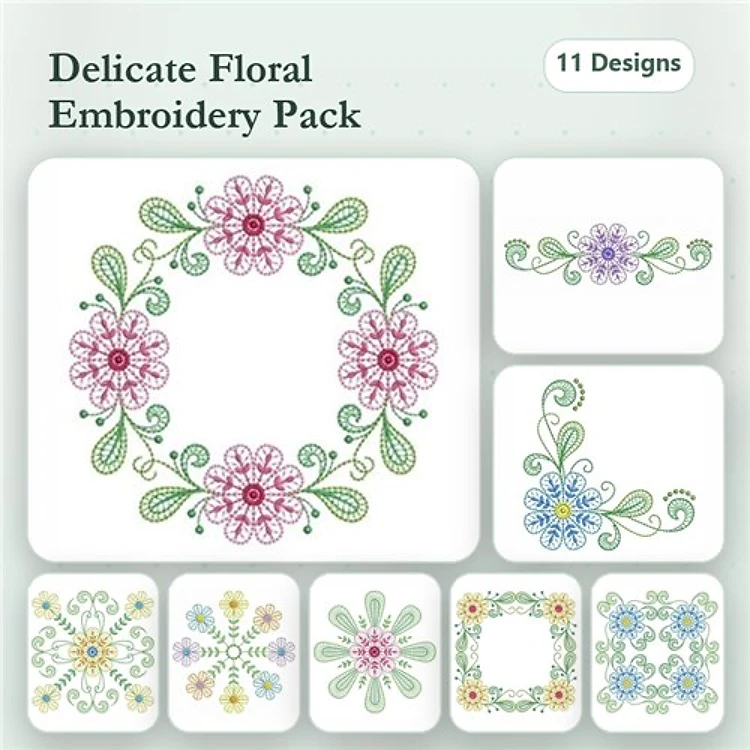 Floral Embroidery Bundle – Wreath, Pink & Blue Flowers, Border & More (11 Designs)