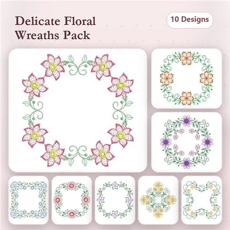 Floral Wreaths Embroidery Designs Bundle – Pink, Lavender, Yellow, Multi-color & More (10 Designs)