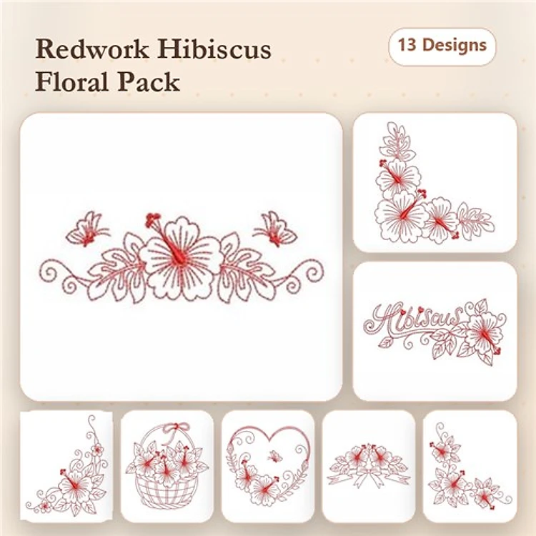 Redwork Hibiscus Floral Embroidery Designs Bundle – Arrangement, Wreath, Bees & More (13 Designs)