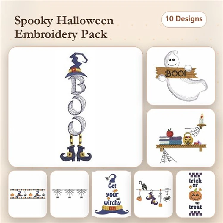 Halloween Fun Embroidery Designs Bundle – Boo Sign, Friendly Ghost, Pumpkin & More (10 Designs)