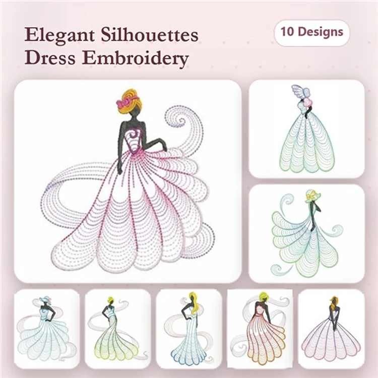Rippled Elegant Dress Silhouettes Embroidery Bundle – Dress Silhouette with Swirls, Mermaid Dress, Ball Gown & More (10 Designs)