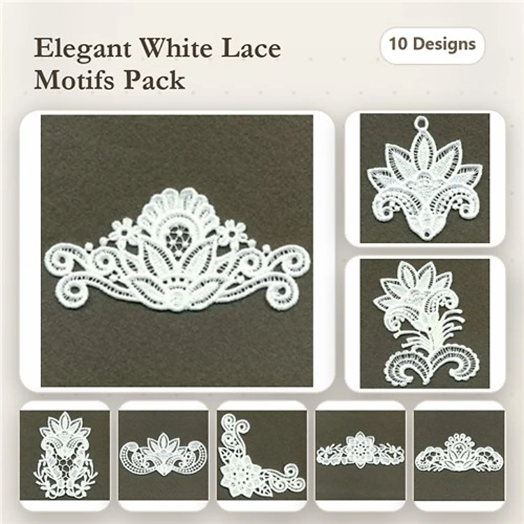 FSL Elegant White Lace Embroidery Bundle – Floral Motifs, Ornate Borders, Delicate Embellishments & More (10 Designs)