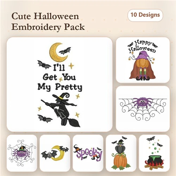Halloween Embroidery Designs Bundle – Witch on Broomstick, Happy Halloween Cat, Halloween Pumpkin & More (10 Designs)