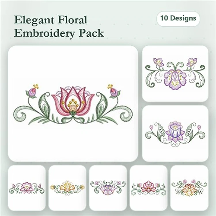 Rippled Elegant Floral Embroidery Bundle – Lotus Flower, Decorative Arrangement, Chic Flower & More (10 Designs)