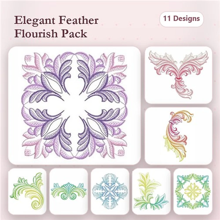 Elegant Feather Flourish Embroidery Designs Bundle – Flourish 1, Flourish 2, Flourish 3 & More (11 Designs)