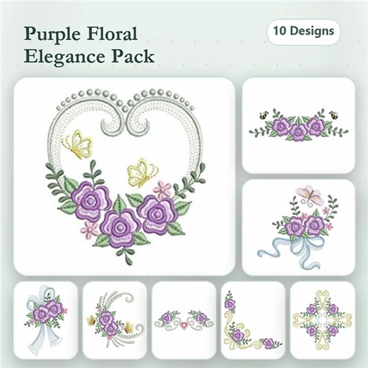 Floral Elegance Embroidery Bundle – Heart with Roses, Floral Corner with Ribbon, Ornate Heart with Pearls & More (10 Designs)