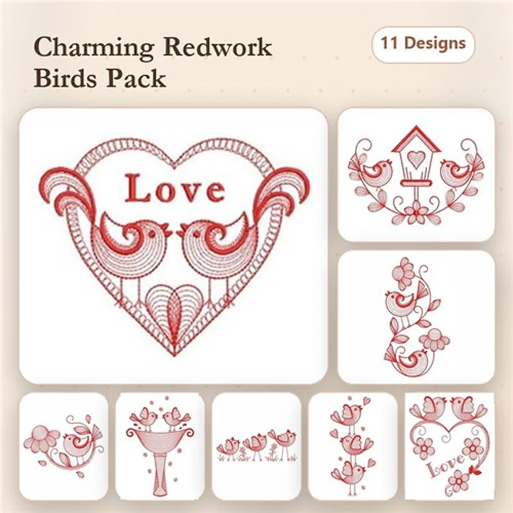 Redwork Birds & Love Embroidery Designs Bundle – Love Heart with Birds, Birdhouse with Floral, & More (11 Designs)