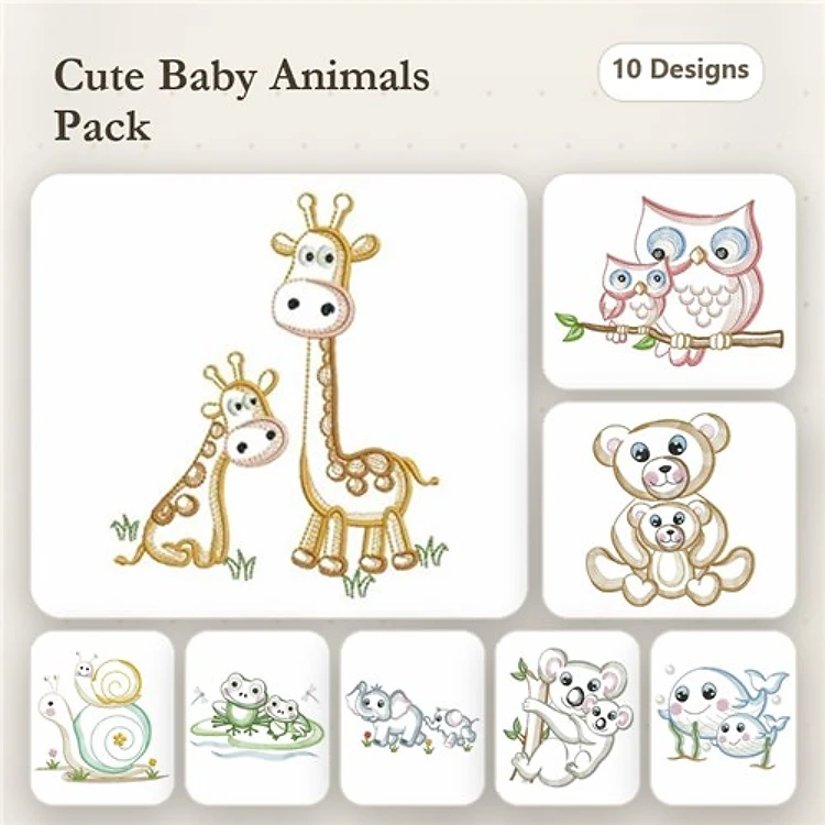 Cute Baby Animals Embroidery Bundle – Giraffe Pair, Teddy Bear, Owl on Branch & More (10 Designs)