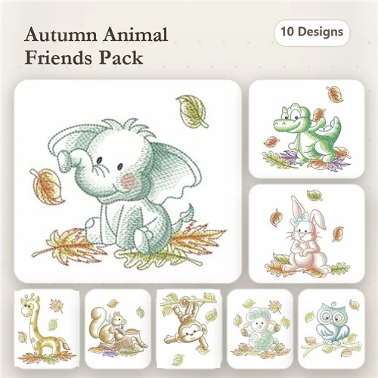 Autumn Animal Friends Embroidery Bundle – Cute Creatures (10 Designs)
