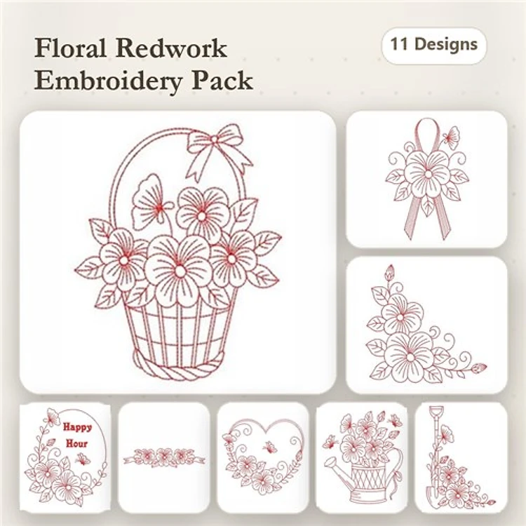 Redwork Floral Embroidery Designs Bundle – Flower Basket, Bouquet with Ribbon, Floral Heart & More (11 Designs)