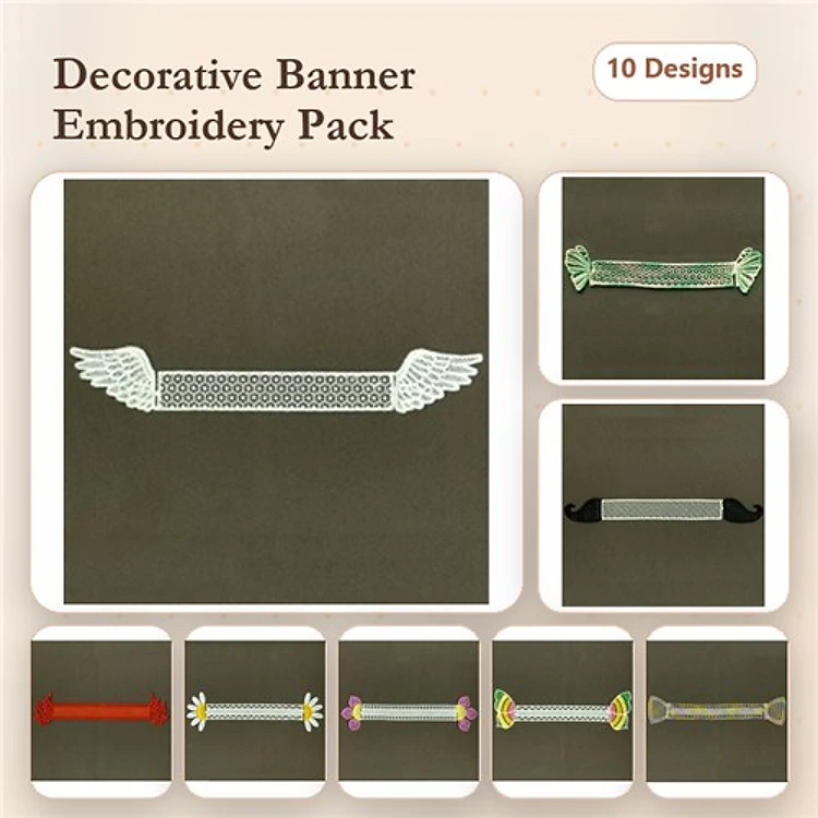 FSL Decorative Banners Embroidery Bundle – Banner with Wings, Floral Banner & More (10 Designs)